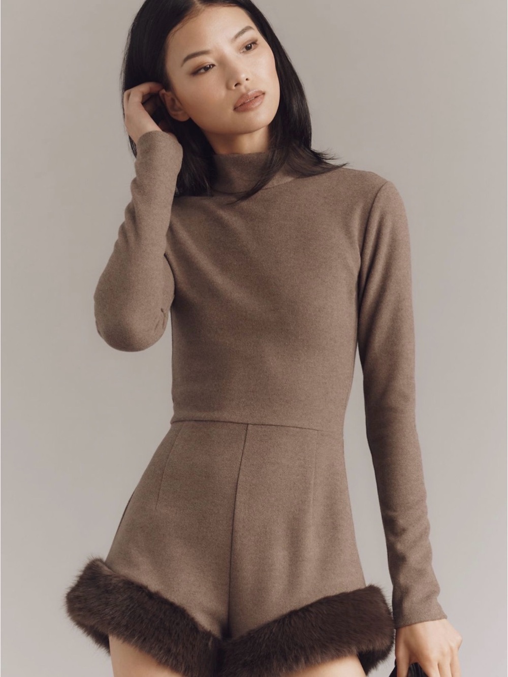 Women's Taupe Long-Sleeve Mock-Neck Romper with Fur Trim